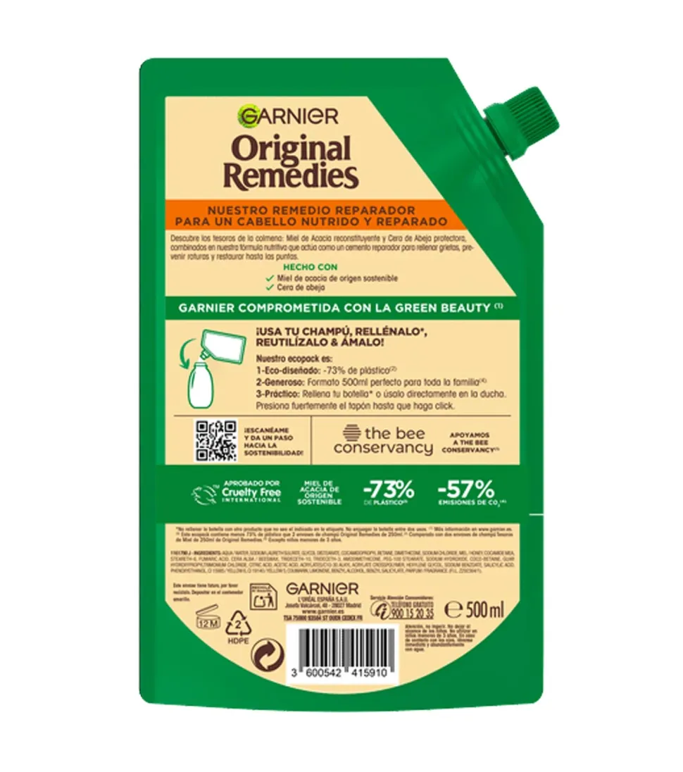 Eco-Pack champú reparador Tesoros de Miel Original Remedies - Cabello dañado, quebradizo